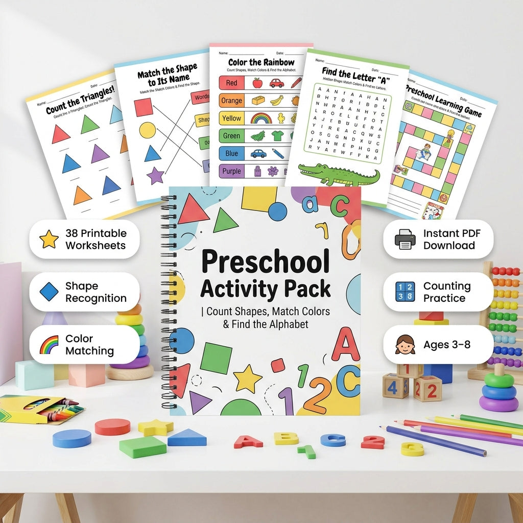 38 Pages Preschool Activity Pack - Count Shapes, Match Colors & Find the Alphabet