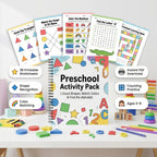 38 Pages Preschool Activity Pack - Count Shapes, Match Colors & Find the Alphabet