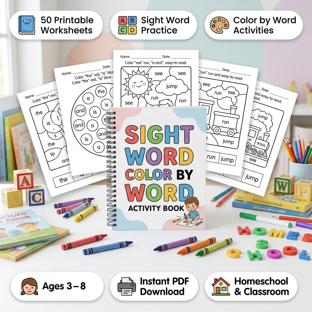 50 Pages Sight Word Color by Word Activity Book - Preschool & Kindergarten