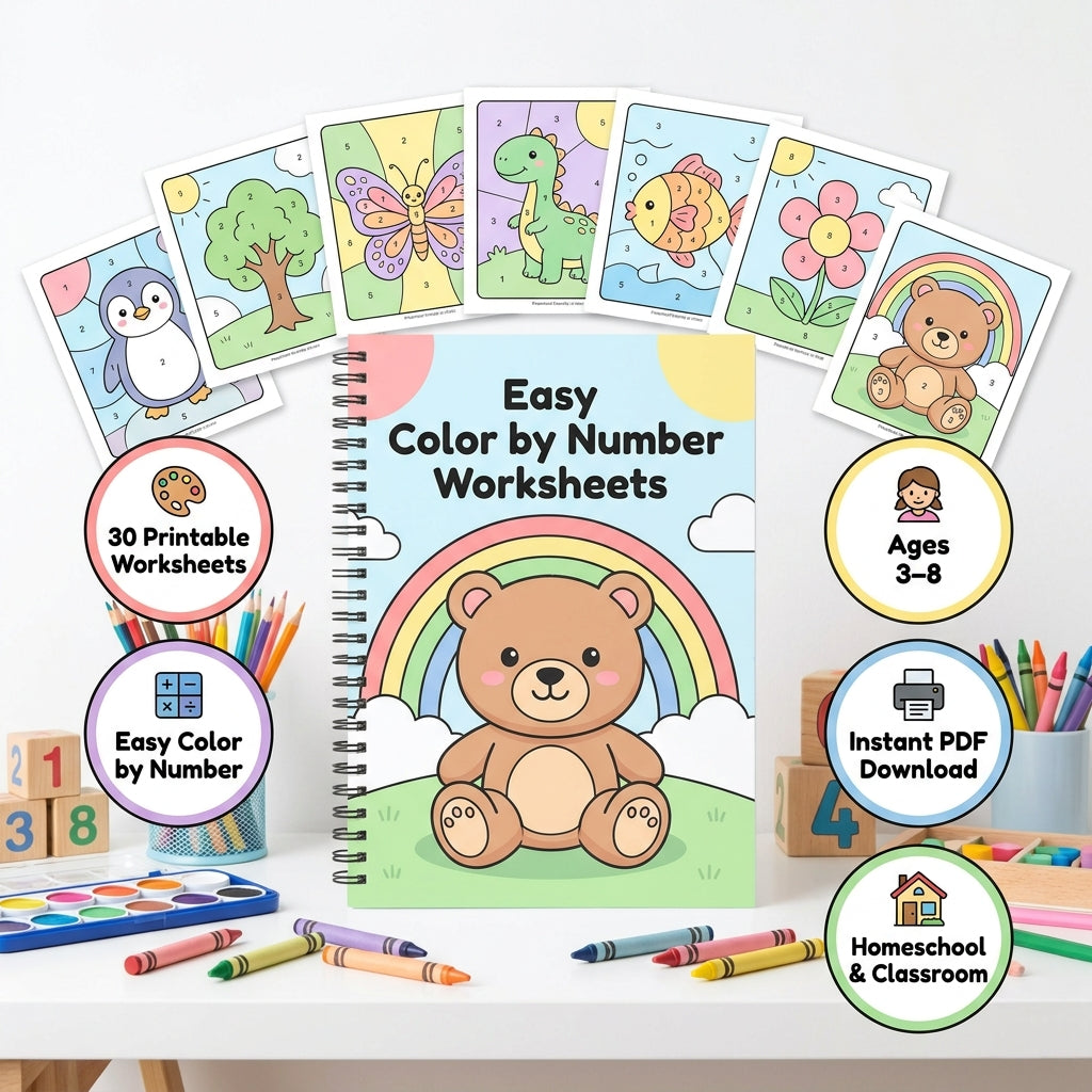 30 Pages Easy Color by Number Worksheets for Little Learners