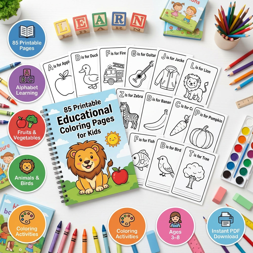 85 Printable Educational Coloring Pages for Kids - Alphabet, Fruits, Vegetables & Animals