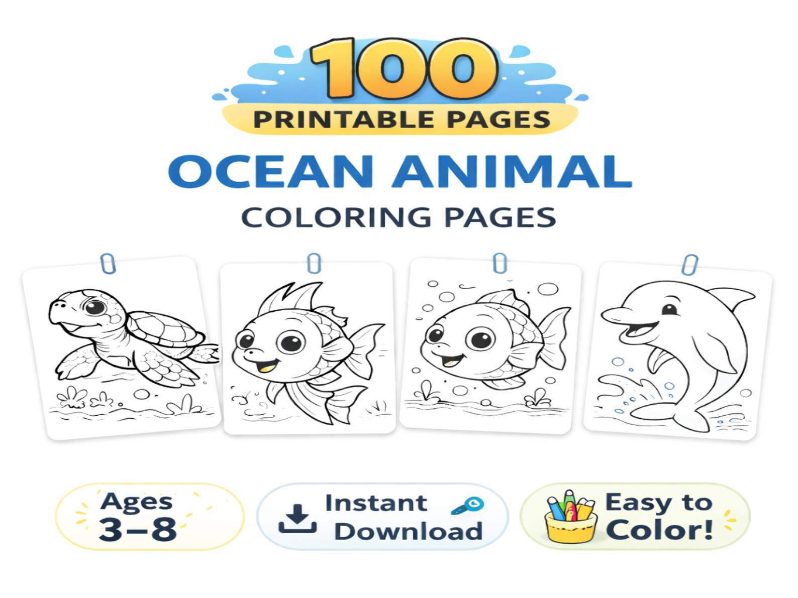 100 Ocean Coloring Pages for Kids (Printable PDF Bundle)