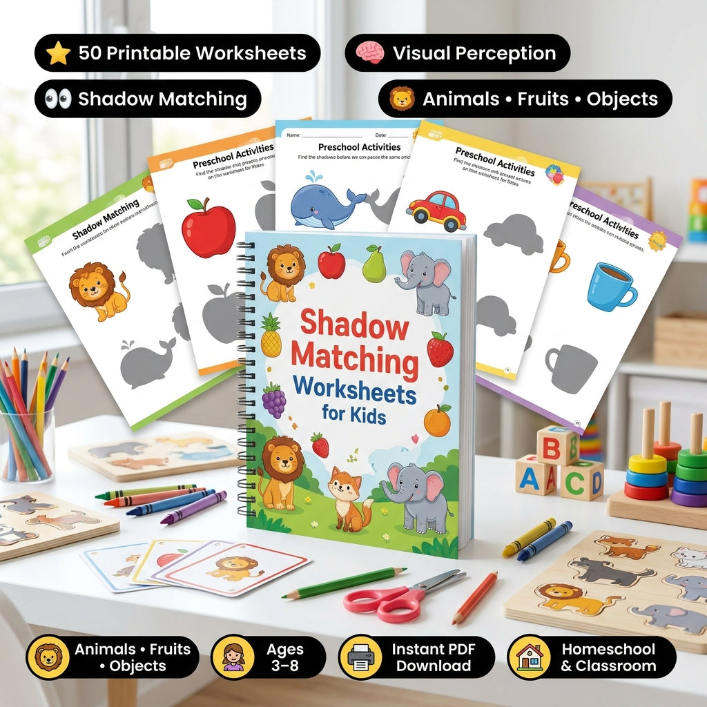 50 Pages Shadow Matching Worksheets for Kids Ages 3–8