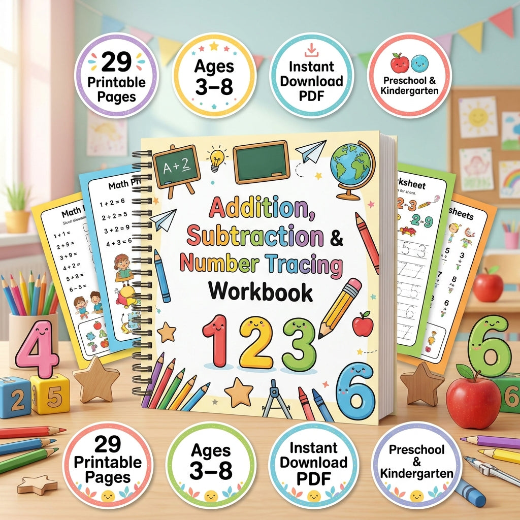 29 Pages Kids Math Practice Bundle - Addition, Subtraction & More