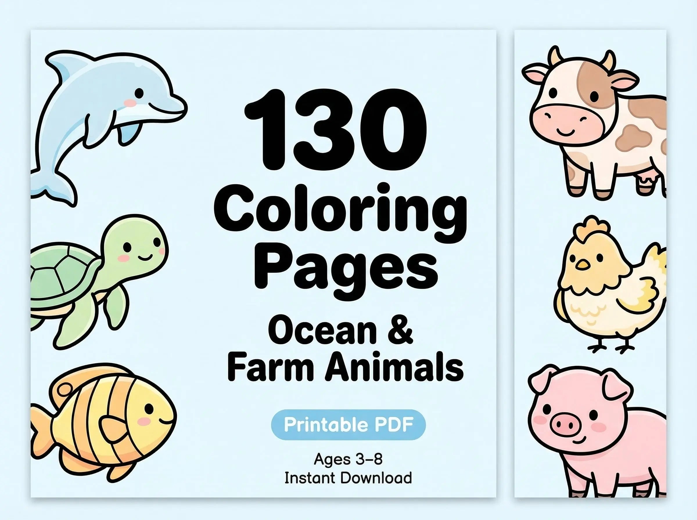130 Coloring Pages Bundle (Ocean + Farm Animals) Printable PDF StoryPop Printables