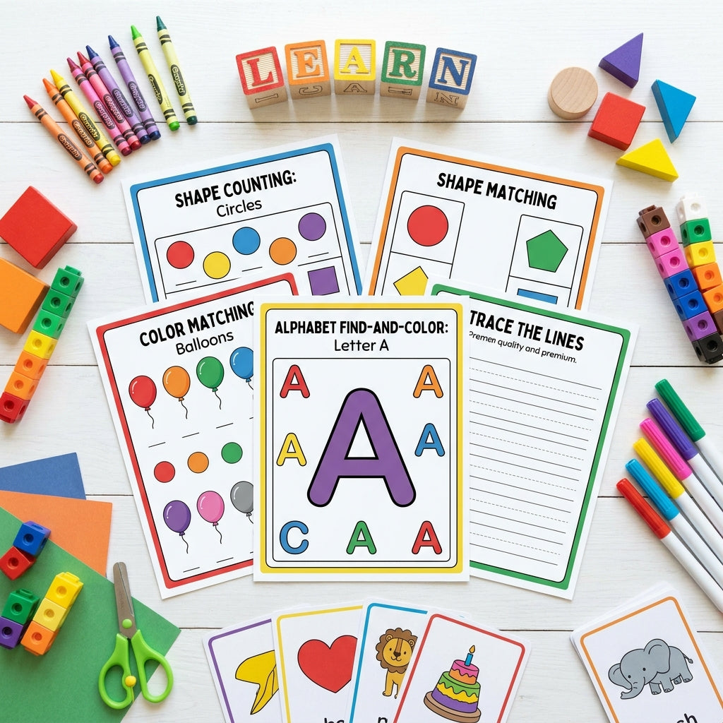 38 Pages Preschool Activity Pack - Count Shapes, Match Colors & Find the Alphabet