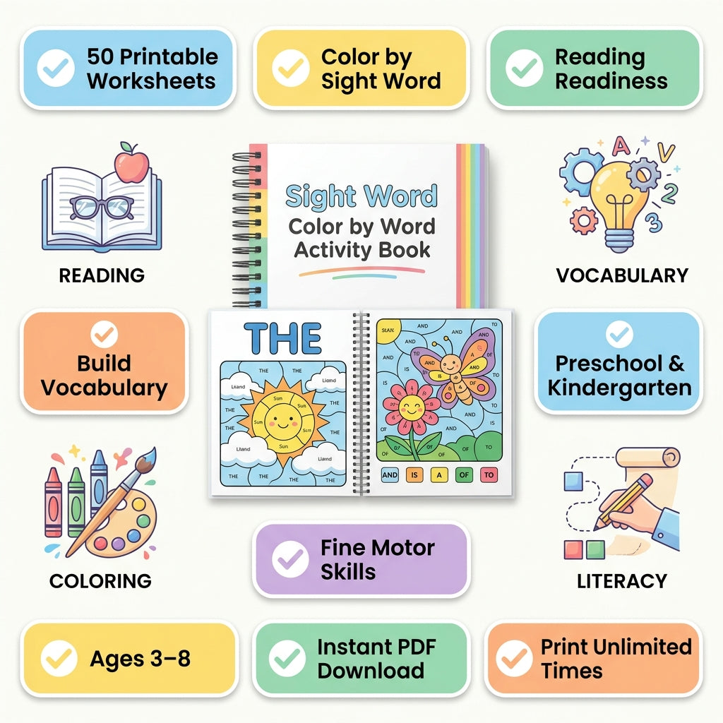 50 Pages Sight Word Color by Word Activity Book - Preschool & Kindergarten