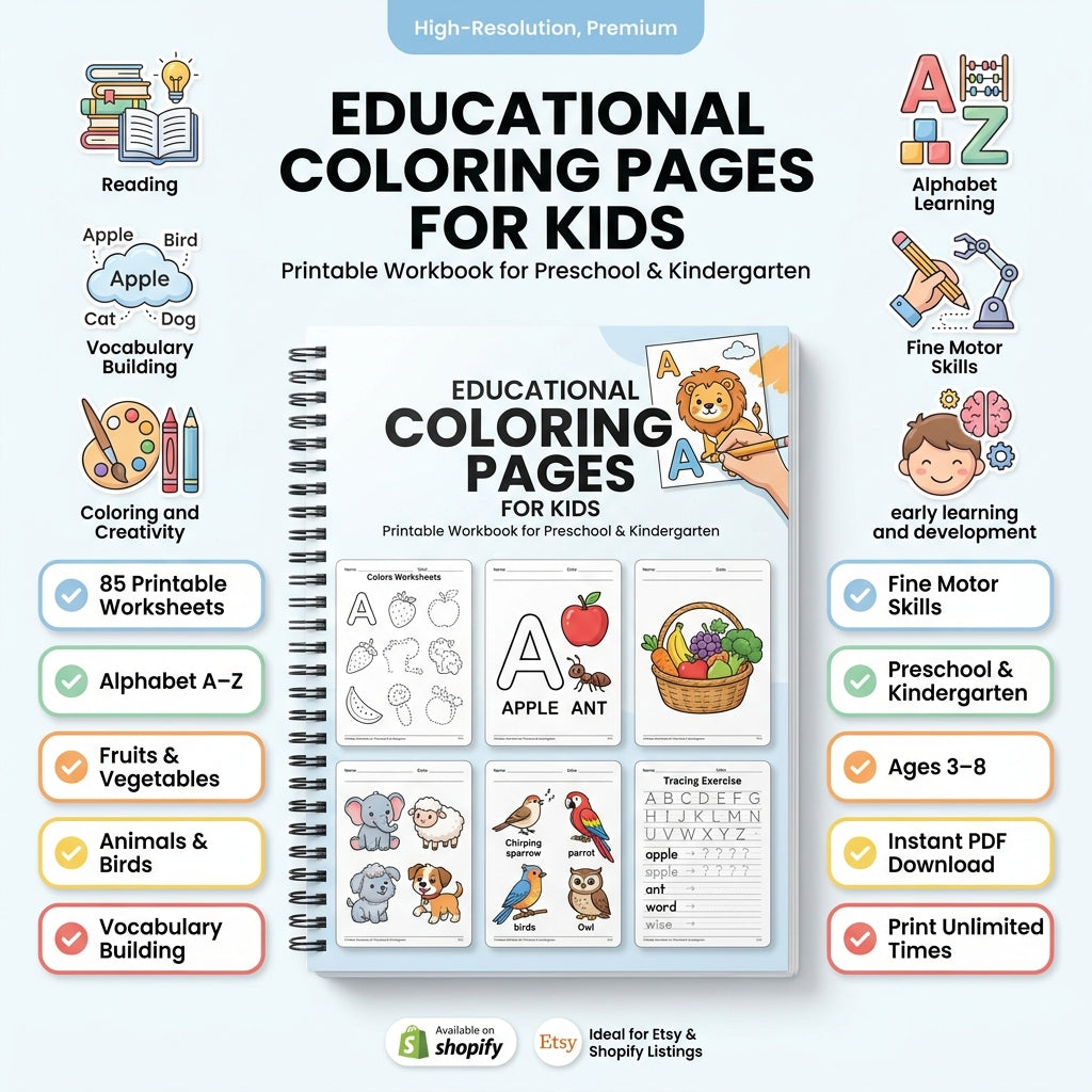 85 Printable Educational Coloring Pages for Kids - Alphabet, Fruits, Vegetables & Animals
