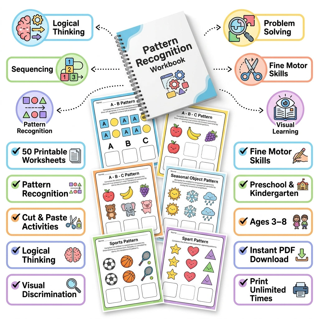 50 Pages Pattern Recognition Workbook - Preschool & Kindergarten Activities