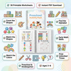 38 Pages Preschool Activity Pack - Count Shapes, Match Colors & Find the Alphabet