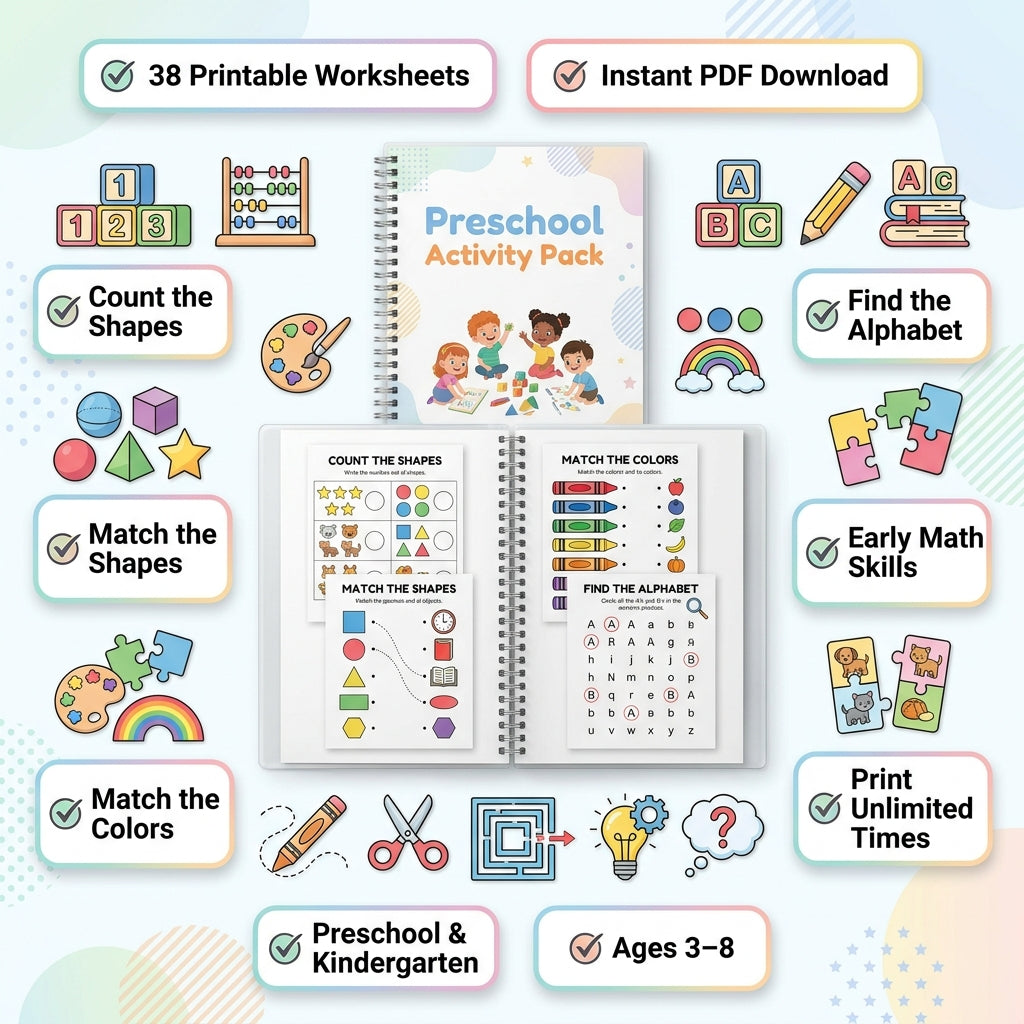 38 Pages Preschool Activity Pack - Count Shapes, Match Colors & Find the Alphabet