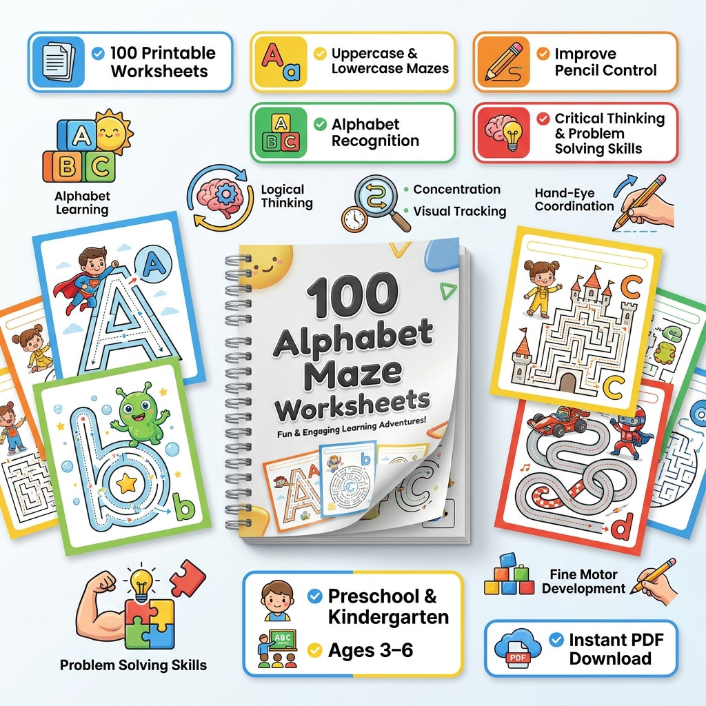 100 Pages Preschool & Kindergarten Maze Worksheets