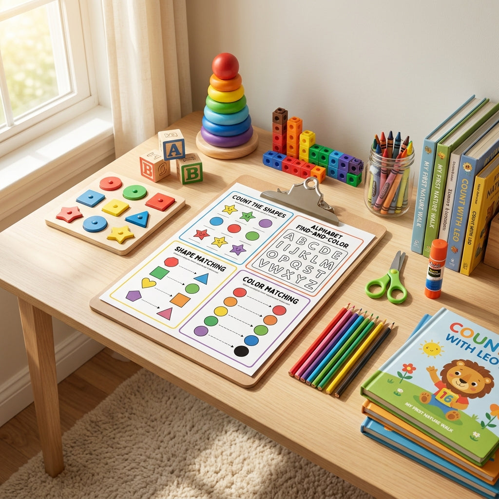 38 Pages Preschool Activity Pack - Count Shapes, Match Colors & Find the Alphabet