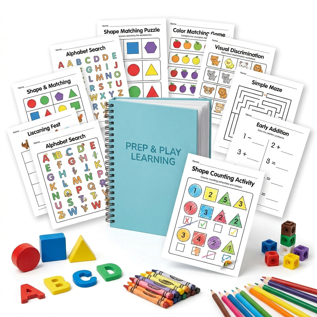 38 Pages Preschool Activity Pack - Count Shapes, Match Colors & Find the Alphabet