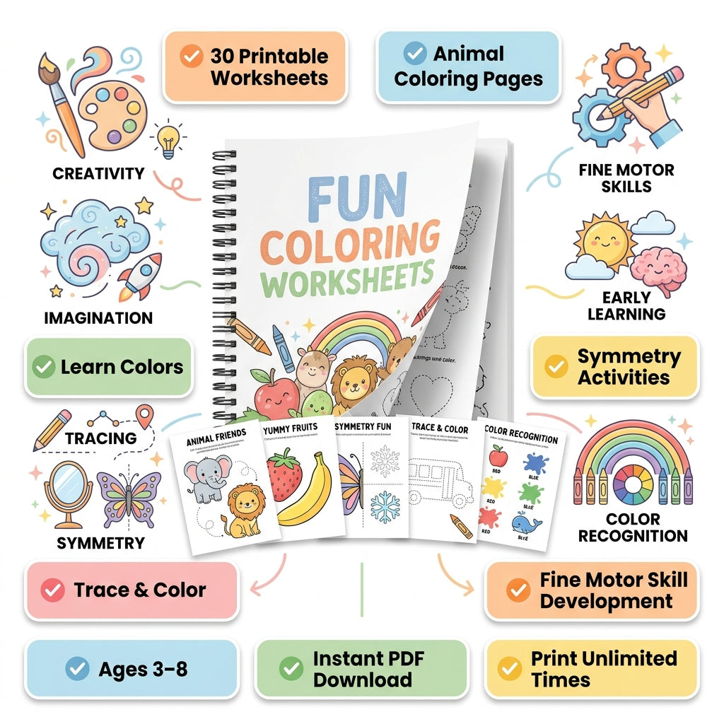 30 Fun Coloring Worksheets - Animals, Symmetry & More
