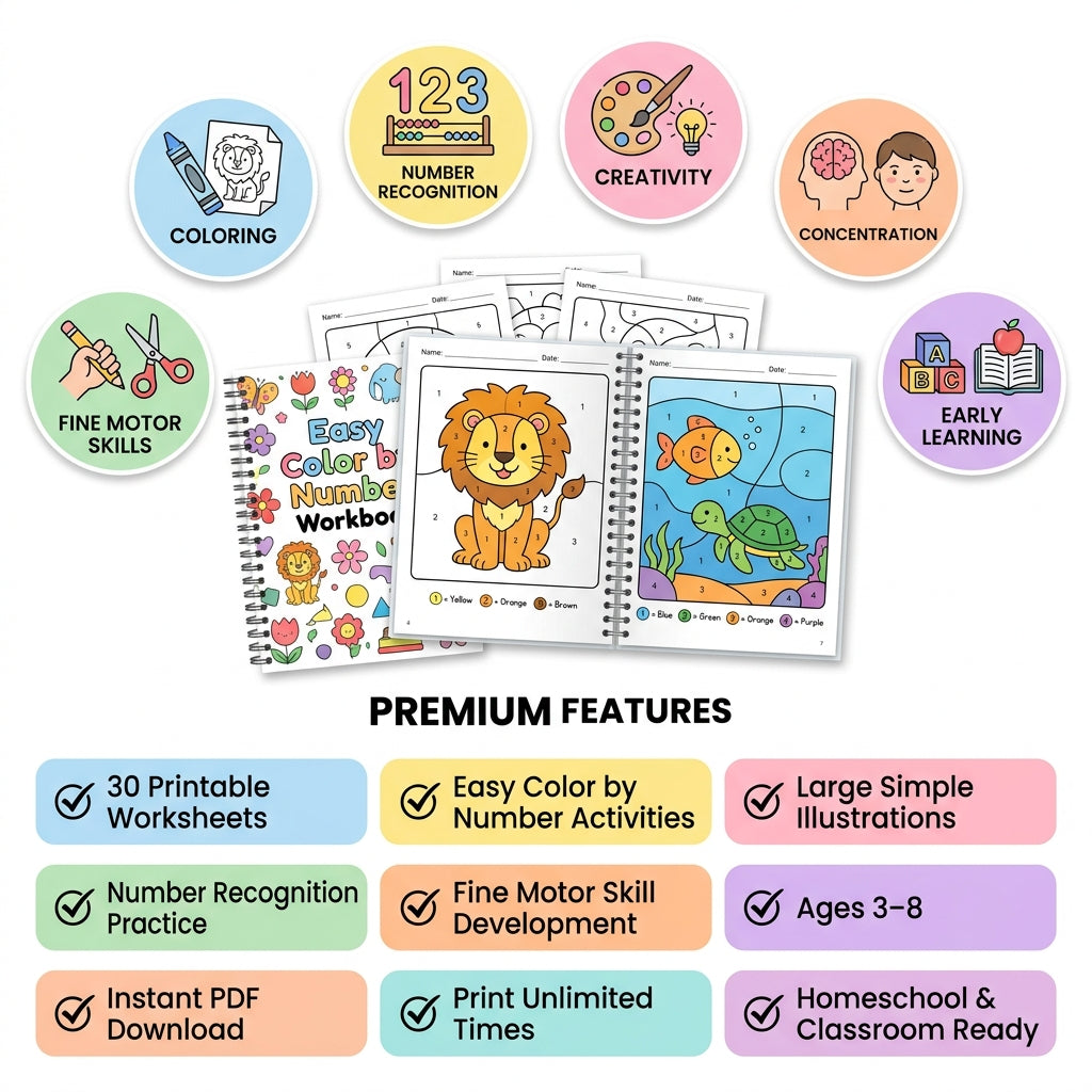 30 Pages Easy Color by Number Worksheets for Little Learners