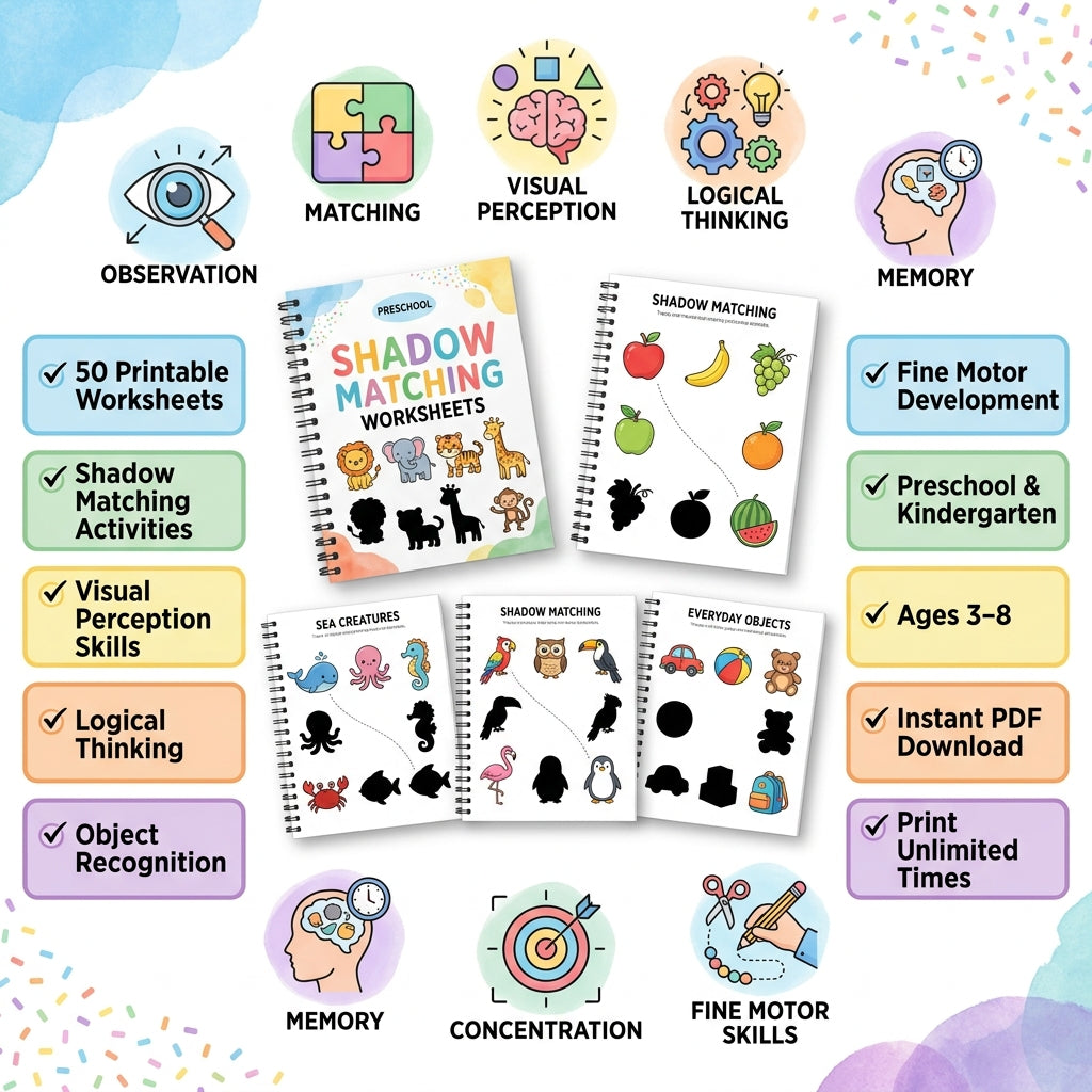 50 Pages Shadow Matching Worksheets for Kids Ages 3–8