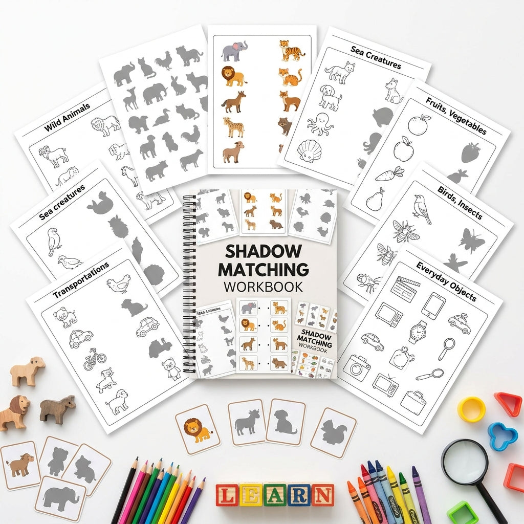 50 Pages Shadow Matching Worksheets for Kids Ages 3–8